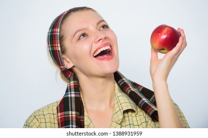 Start Apple Diet. Woman Likes Natural Fruits. Farmer Gardener Apple Harvest. Girl Gardener Rustic Style Hold Apple White Background. Health Care And Vitamin Nutrition. Perfect Apple. Grocery Store.