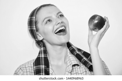 Start Apple Diet. Woman Likes Natural Fruits. Farmer Gardener Apple Harvest. Girl Gardener Rustic Style Hold Apple White Background. Health Care And Vitamin Nutrition. Perfect Apple. Grocery Store.