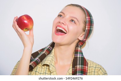 Start Apple Diet. Woman Likes Natural Fruits. Farmer Gardener Apple Harvest. Girl Gardener Rustic Style Hold Apple White Background. Health Care And Vitamin Nutrition. Perfect Apple. Grocery Store.