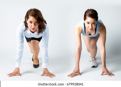 Start Of Business Concept. Businesswoman And Runner (same Person) Posing A Crouch Start.