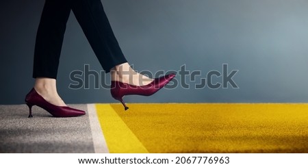 Start Concept. Low Section of Business Woman Steps into Start Line for Moving Forward to New Challenge. Cropped Image. Side View. Business Strategy, Metaphor Conceptual