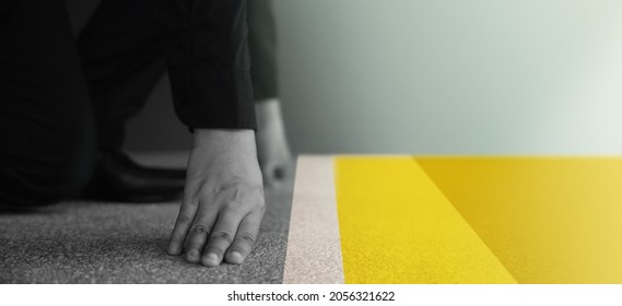 Start Concept. Low Section of Businessman at Start Line. Get Ready to Moving Forward. New Challenge, New Business. Cropped Image. Side View. Business Strategy - Shutterstock ID 2056321622