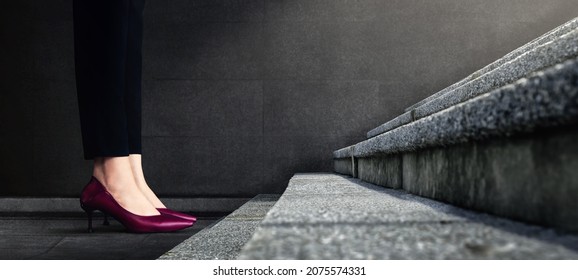 Start Concept. Woman Power. Low Section Of Business Female Standing On First Step Staircase. Get Ready For Moving Forward To New Challenge. Cropped Image. Side View