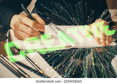 Start up creative drawing over close up hands on background. Concept of brainstorming. Multi exposure