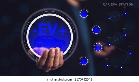 Start EV Car Concept On Application Mobile Technology, Electric Car Virtual Reality Concept EV Charging Station For Green Energy And Eco Power.