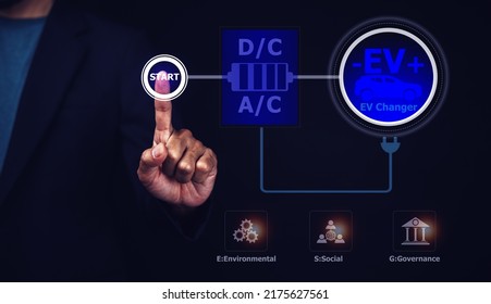 Start EV Car Concept On Application Mobile Technology, Electric Car Virtual Reality Concept EV Charging Station For Green Energy And Eco Power.