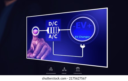 Start EV Car Concept On Application Mobile Technology, Electric Car Virtual Reality Concept EV Charging Station For Green Energy And Eco Power.