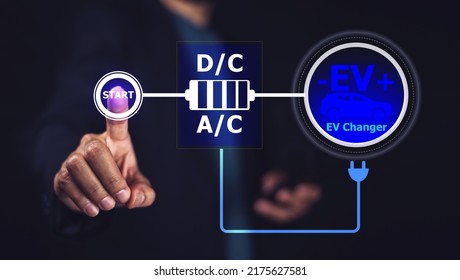 Start EV Car Concept On Application Mobile Technology, Electric Car Virtual Reality Concept EV Charging Station For Green Energy And Eco Power.