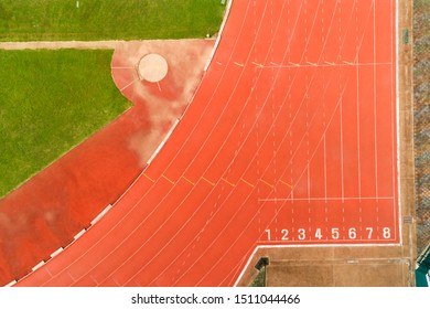 Start And Finish Point Of Race Track Or Athletics Track Start Line With Lane Numbers Top View Drone Shot High Angle View.