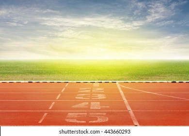 Start And Finish Point Of Race Track ,Running Track Number In Front Of Tracks In Stadium With Beautiful Green Grass With Blue Sky Scenery  Background
