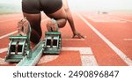 Start, fitness or back of person on race track for run, competitive or sprint in arena. Challenge, versus or woman athlete at ready for cardio, workout or lap training on sport ground for endurance