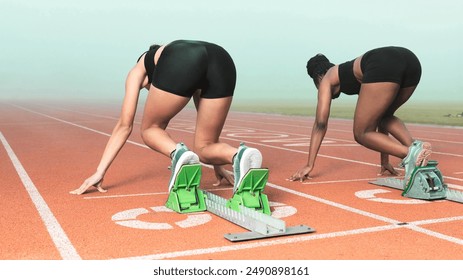 Start, fitness or back of women on race track for run, competitive or sprint in arena. Challenge, versus or female athletes at ready for cardio, workout or lap training on sport ground for endurance - Powered by Shutterstock