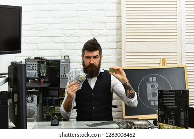 Start mining immediately. Virtual or digital currency. Bitcoin miner man in server room. Bearded man bitcoiner. Bearded businessman with computer circuits and dollars. Cryptocurrency mining hardware.