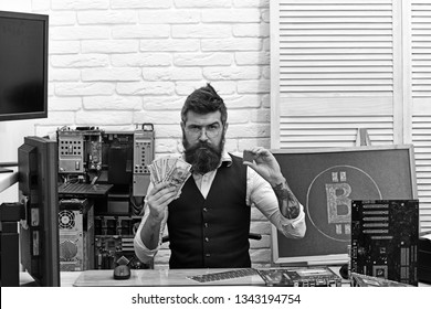 Start mining immediately. Virtual or digital currency. Bitcoin miner man in server room. Bearded man bitcoiner. Bearded businessman with computer circuits and dollars. Cryptocurrency mining hardware.
