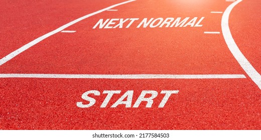 Start And Next Normal On Athletics Running Track. Concept Of Moving Towards Goal, Changing Yourself Or World