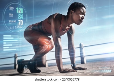 Start, runner or black woman training for fitness, cardio exercise or running workout in summer with overlay. Hologram, pulse or healthy girl sports athlete with focus, resilience or strong mindset - Powered by Shutterstock