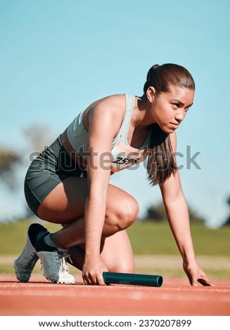Start, running and relay with woman on race track with baton for sports, competition and marathon. Exercise, health and wellness with runner in stadium for challenge, speed and energy performance