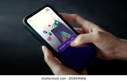 Start to Selling Online Concept. Woman Using Mobile Phone to Open her Own Shop in Online Marketplace. Internet that help People to Work From Home during Coronavirus Situation