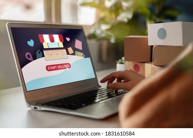 Start to Selling Online Concept. Young Woman Using Computer laptop to Open her Own Shop in Online Marketplace. Internet that help People to Work From Home