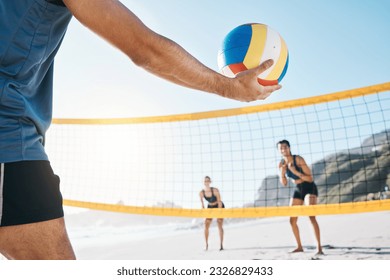 Start, team and man with a volleyball at the beach for summer sports, fitness and game. Hand, friends and people ready for cardio, workout or a competition at the ocean in spring for fun and training - Powered by Shutterstock