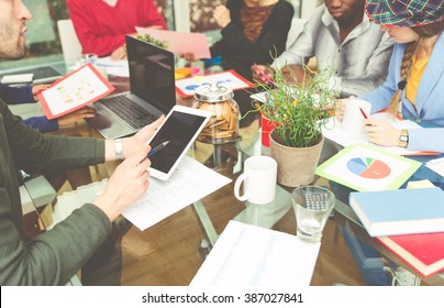 Start Up Team At Work In A Office. Innovative Research Area. Group Of People Working Together To Find New Business Solutions