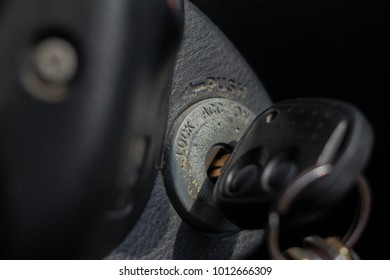 Start Technology In Old Car , Driver Insert A Key In Console