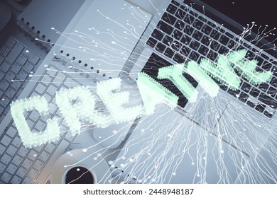 Start up theme drawing over computer on the desktop background. Top view. Double exposure. Brainstorm concept.
