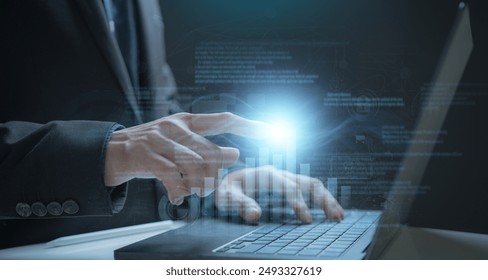 start working laptop or program by a person pressing the turn off or turn on button in holographic access data and manage by business style connect to internet access data online to private account 