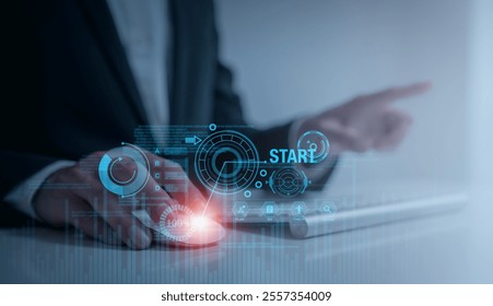 start working laptop or program by a person pressing the turn off or turn on button in holographic access data and manage by business style connect to internet access data online to private account 