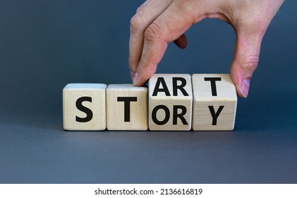 Start your story symbol. Businessman turns wooden cubes and changes the concept word Start to Story. Beautiful grey table grey background, copy space. Business start your story concept.