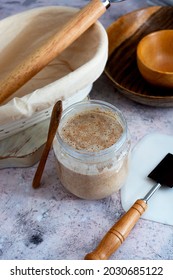 Starter Sourdough. Baking At Home, Cooking Bread With Wild Sourdough And Wholemeal Flour.