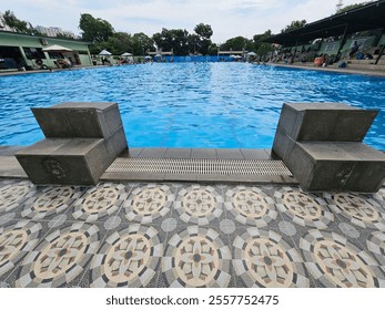 Starting blocks for swimming competitions. Block for athletes to stand on and start a swimming race - Powered by Shutterstock