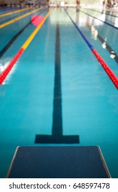 Starting Line In Indoor Swimming Pool. Olympic Swimming Pool