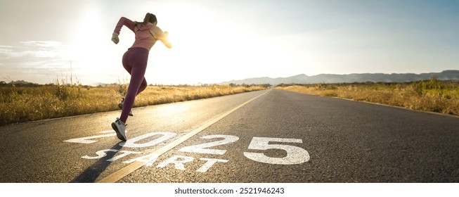 Starting to new year 2025 and need for speed to begin new year for business.word 2025 written on the asphalt road and athlete woman runner,challenge,career path and change,win,readiness of leaders - Powered by Shutterstock