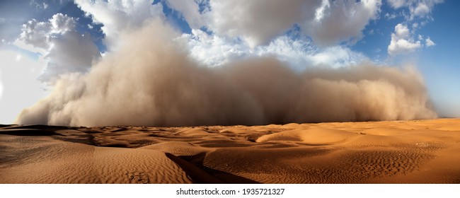 Starting Sand Storm In Desert Of High Altiude With Cumulonimbus Rain Louds.