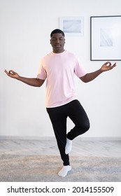 Starting Yoga Practice. Black Man. Home Training. First Lesson. Find Harmony. African Guy Meditating Trying Stay Tree Pose One Leg Zen Hands Light Room Interior.