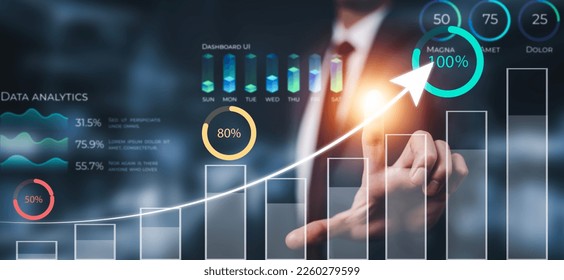 Startup arrow concept with icon business and network connection on modern virtual interface from digital tablet.Businessman Touching tablet and graph Screen Icon of media screen, Technology Process