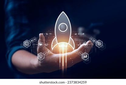 Startup business concept, rocket is launching and flying from hand to sky for growing business, fast business success. startup founder, network connection, idea generation, digital marketing