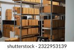 Startup business space filled with merchandise in boxes to ship to clients, products in cardboard packages used for supply chain distribution. Empty warehouse with merchandise and depot supplies.