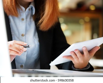 Startup Business Woman Hand Working With Notepad And Computer Laptop On Workplace In Office, Search Engine Optimization, Lifestyle Woman And Technology Communication