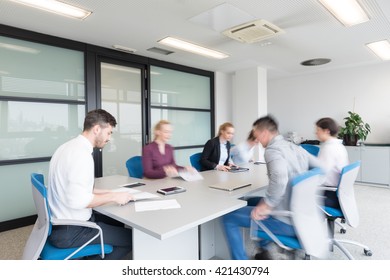 Startup Business, Young Creative  People Group Entering Meeting Room,  Modern Office Interior And Motion Blur