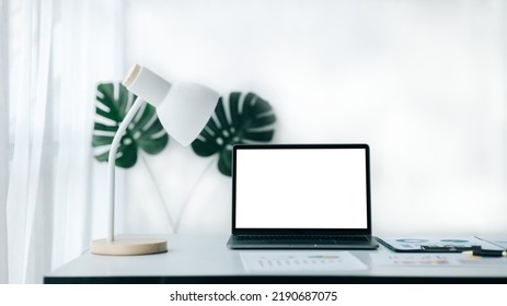 Startup Company Desk, Blank Computer Screen, Empty Office, Office Room In Marketing Worker's , Desk With Office Equipment For Work, Window Desk. Office Desk Placement Ideas.