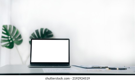 Startup Company Desk, Blank Computer Screen, Empty Office, Office Room In Marketing Worker's , Desk With Office Equipment For Work, Window Desk. Office Desk Placement Ideas.