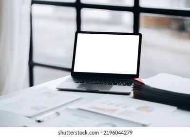 Startup Company Desk, Blank Computer Screen, Empty Office, Room In Marketing Worker's Office, Desk With Office Equipment For Work, Window Desk. Office Desk Placement Ideas.