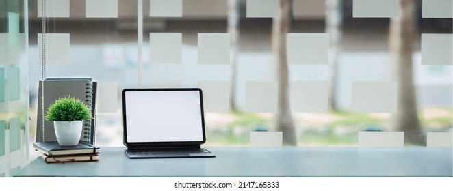 Startup Company Desk, Blank Laptop Screen, Empty Office, Room In Marketing Worker's Office, Desk With Office Equipment For Work, Window Desk. Office Desk Placement Ideas.