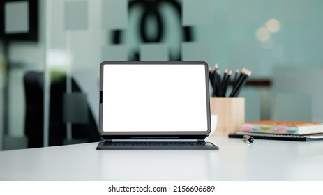 Startup Company Desk, Blank Tablet Screen, Empty Office, Office Room In Marketing Worker's, Desk With Office Equipment For Work, Window Desk. Office Desk Placement Ideas.