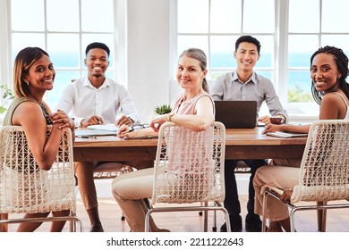 Startup Company, Diversity And Team Of Happy Employees Sitting At Table For Marketing Meeting, Planning And Strategy In Modern Office. Portrait And Smile Of Men And Women In Healthy Work Environment