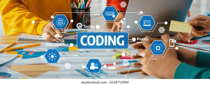 Startup company employee working together, analyzing BI dashboard paper on financial data report and planning strategic marketing for business success in panorama banner. Synergic Amity