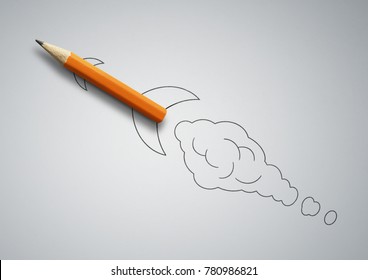 startup concept, pencil as drawn rocket