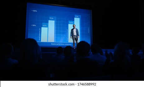 Startup Conference Stage: Speaker Presents New Product, Talks about Performance, Neural Networks, Artificial Intelligence, Big Data and Machine Learning. Live Business Event with Large Audience